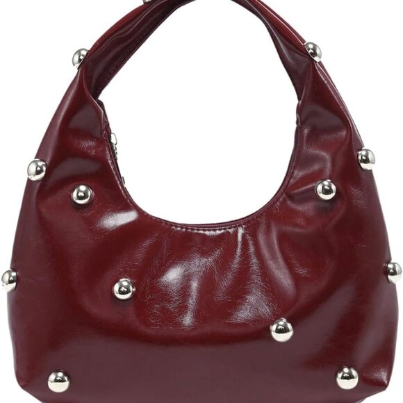 Women's Vintage Leather Crescent Shoulder Bag - Y2K Studded Top Handle Clutch - Picture 1 of 5